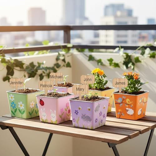 6 Sets Garden Flower Pots Crafts Kit DIY Metal Iron Plant Pots Acrylic Paint Stickers Brushes Plant Labels Gardening Tool Kit for Planting Crafts Mother's Day Graduation Creative Gift