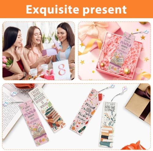 Mandun 4 Pcs Book Diamond Painting Bookmark Kits, Special Shaped Diamond Art Bookmarks with Pendant, DIY Diamond Art Bookmarks with Tassels Crafts Gifts Supplies