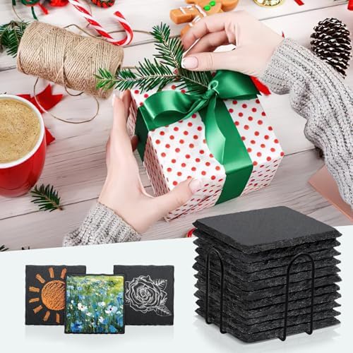8 Pack 4 Inch Square Black Slate Coasters Set with Storage Holder