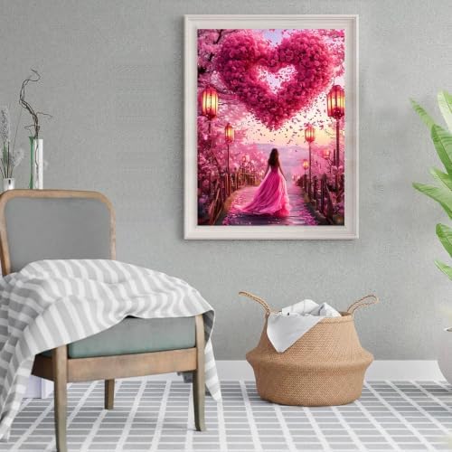 WNPOKN Pink Rose Heart with Girl Diamond Art Kits for Adults 12x16Inch