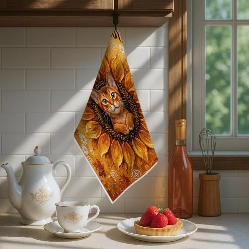 Oil Painting Fall Abyssinian Cat Kitchen Hand Dish Towels Set of 2, Autumn Sunflower Maple Leaf Pattern Quick Dry Dishcloths, Cool Housewarming Gift for Home Cooking Kitchen Bathroom