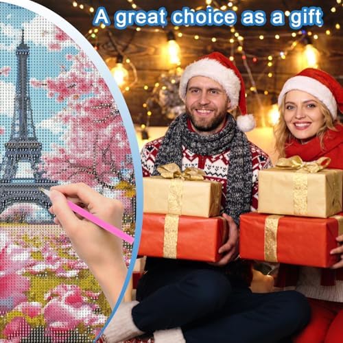 MVVMTOP Diamond Painting Kit for Adults 5D DIY Eiffel Tower and the Flower Trees Full Drill Round Diamond Art Kits for Beginners Crystal Rhinestone Embroidery Painting Home Wall Decor Gift