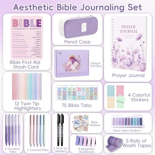 XKDOUS 50 Bible Study Supplies Journaling Kit with Journal and Case, Purple