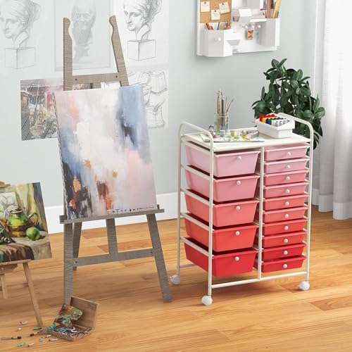 LDAILY 15 Drawer Rolling Storage Cart, Rolling Cart with Drawers for Classroom, Art Supply Craft Organizer on Wheel with Metal Frame & Handles for Home Office School