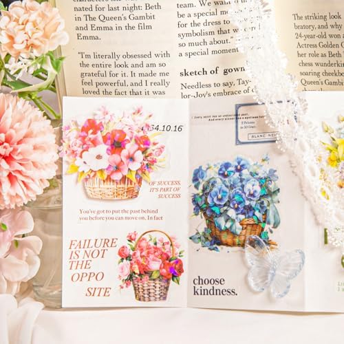 Floral Basket Holographic PET Sticker Set, 72Pcs Vintage Flower Stickers for Scrapbooking, Journaling, Junk Journal Supplies, and DIY Crafts
