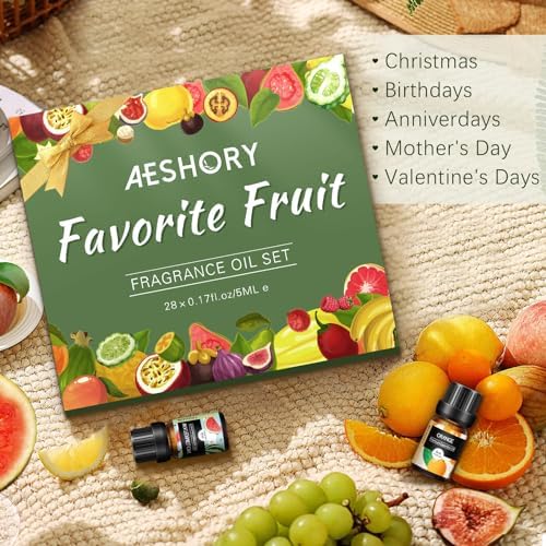 Fruity Essential Oils Set - Top 28 Fruit Fragrance Oil for Candle Making, Diffusers - Strawberry, Apple, Pineapple, Cucumber Melon, Cherry, Mango, Lemon, and Orange Scented Aromatherapy Oils