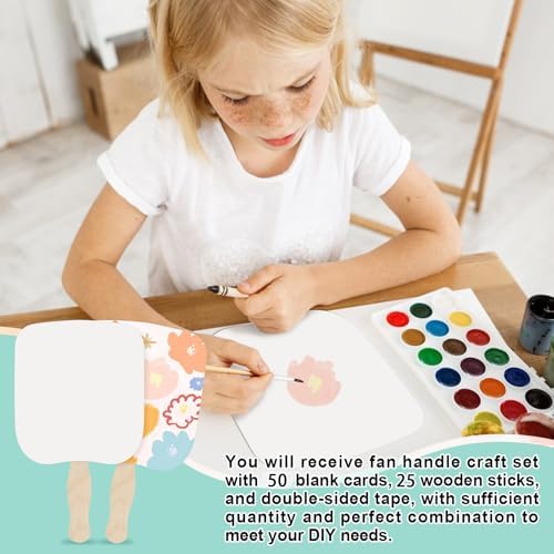 LOTMER 25 Sets Church Fans Handheld Kit | 50 Blank Cardstock Fan Sheets and 25 Wavy Wooden Sticks for DIY Painting, Custom Fans, Church Events and Craft Projects