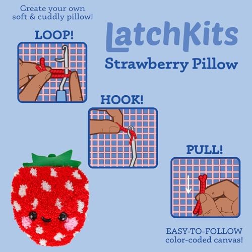 LatchKits Strawberry Pillow - Latch Hook Kits for Kids, Arts and Crafts, Yarn Art, Kids Crafts, Toys for Girls, Birthday Gift for Girls, Easy to Follow Pattern, Hook Included, Craft Kits, Ages 6+