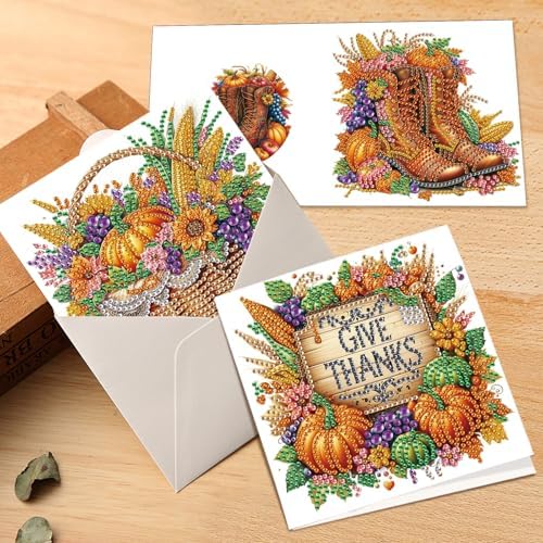 6 Pack Thanksgiving Diamond Painting Greeting Card Kits, DIY Fall Harvest Rhinestone Cards with Envelopes, Autumn-Themed Diamond Art Craft Set with Pumpkins, Corn, Grapes and Give Thanks Message
