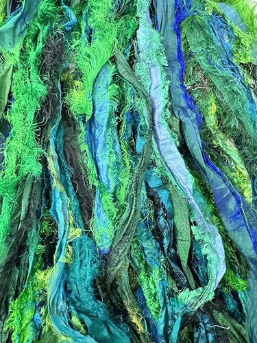 Maker's Craft Recycled Fuzzy Fringes Sari Silk Ribbon Yarn 35yards, 100Grams for DIY Knitting Crocheting Gift Wrapping, Christmas Decoration, Macrame Makers, Jewelry Making, Rugs Hooking (Green)