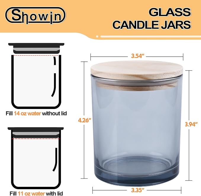 SHOWIN 14 OZ Thick Candle Jars for Making Candles 12 Pcs, 3 Wick Empty Jars with Wood Lids for Candle Making, Sample Container,Clear Grey