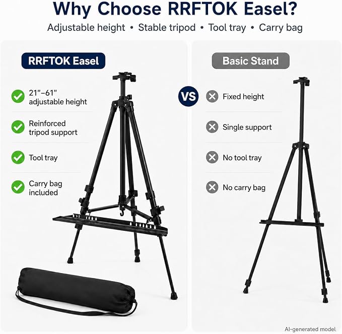 RRFTOK 21-61 Inch Adjustable Art Easel Stand for Painting with Tray | Portable metal easel with paintbrush tray for painting, canvas holder, artists, adults and floor use