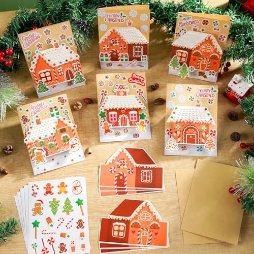 ojustbeok 24 Sets Christmas Gingerbread Craft Kit for 3D Gingerbread House Card Making Your Own Festive Winter Greeting Cards Xmas DIY Card Crafts for Holiday Home Art Crafts Supplies