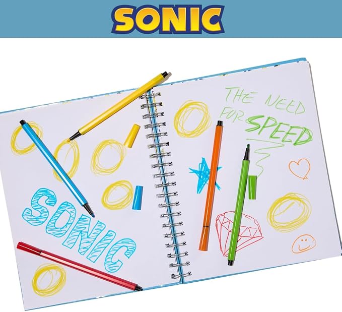 Sonic The Hedgehog Sketchbook for Kids with Washable Markers, 86 Blank Pages Spiral Bound, Sonic and Shadow