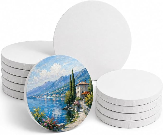 10 Pack Stretched Canvas for Painting, 12 Inch Round Canvas Panel, Circle White Art Canvas Panels, Cotton Primed Paint Blank Canvas for Oil, Acrylic, Gouache, Crafts