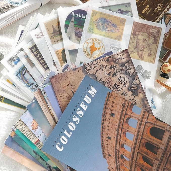 Prstincol Vintage Aesthetic Washi Stickers and Papers for Scrapbooking, 50 Sheets Ephemera Book for Art Journaling with Retro Global Travel Theme Stickers and Decoupage Papers for Junk Journal