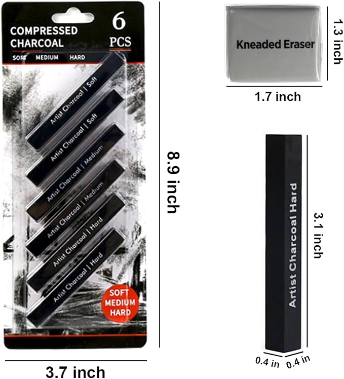 Compressed Charcoal Sticks 6 PCS, Kneaded Rubber Erasers Large Size 2 Pack, Square Vine Charcoal Rod Set of 8 for Back to School DIY Drawing Crafts, Sketching, Shading, Beginners and Artists