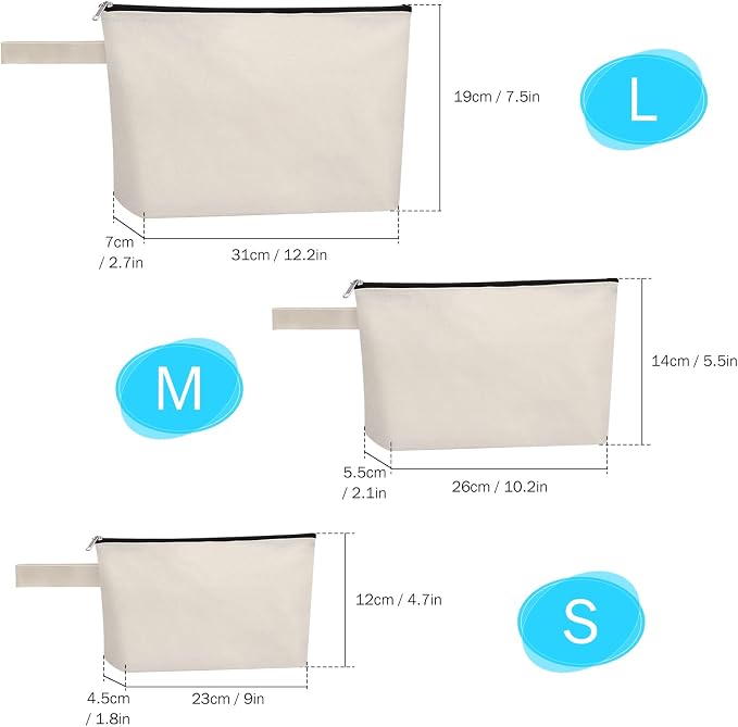 10 Pieces Cotton Canvas Makeup Bag with Bottom, Multi-Purpose Cosmetic Bag with Zipper Travel Toiletry Pouch, Blank DIY Craft Bag Pencil Bag (L, White) (MN-WB07)