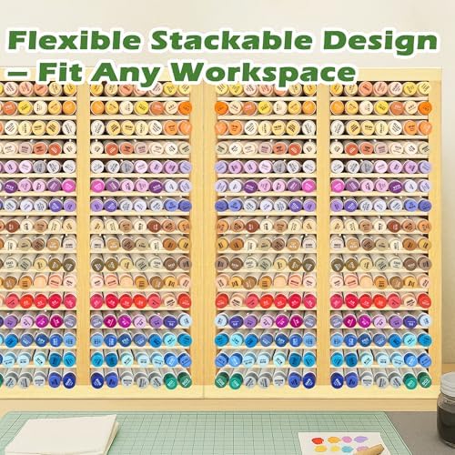 PROLEE Marker Organizer for 224 Markers, Wooden Alcohol Marker Holder with 32 Compartments, Horizontal Art Pen and Pencil Storage Rack for Desk, Classroom and Studio, Natural