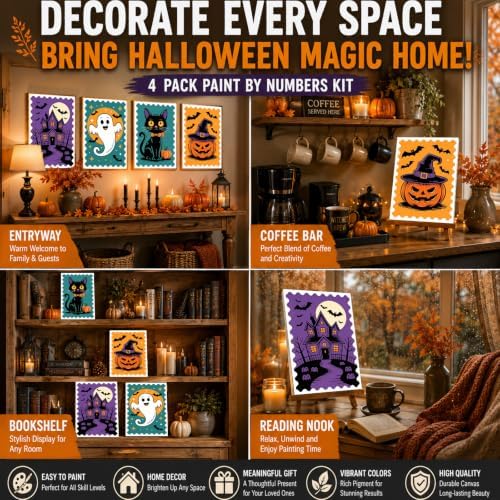 HITO 4 Pack Halloween Paint by Numbers Kit for Kids 6-8-12 with Frame Easel