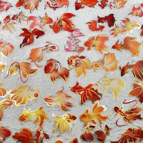 50PCS Gold Stamp Stickers Goldfish Aesthetic PET Travel Journal Decal Waterproof Decorative Decals for Scrapbook DIY Crafts Album Bullet Journal Planner Water Bottles Laptop Phone (Gold Stamp-A)