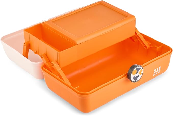 Caboodles School Spirit On-The-Go Girl Makeup Box, White Over Orange, Hard Plastic Makeup Organizer Box, Built-In Mirror, Secure Latch for Safe Travel, Spacious Storage for Large Items
