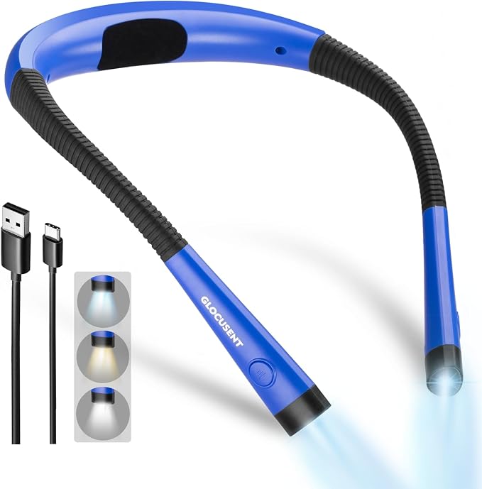 Glocusent Reading Light,Blue Neck Light,80-hr Rechargeable Book Light | 3-Color&6-Brightness, USB-C,LED Neck Reading Light,Women, Camping, Repairing,Crafting,Crochet, Christmas, Book Lovers Gifts