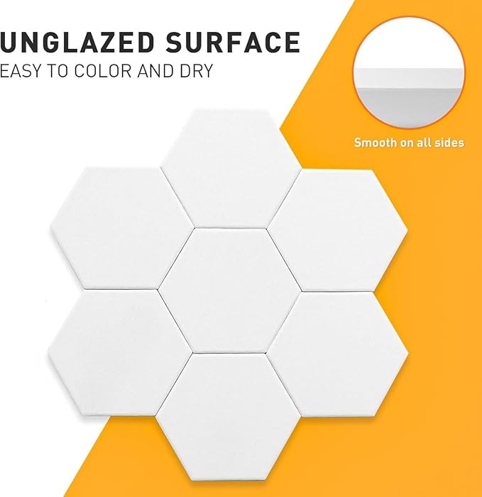 24 Pcs Ceramic Tiles for Crafts White Ceramic Coasters for Crafts with Cork Backing Pads Blank Unglazed Tiles for Painting Alcohol Ink Acrylic Pouring DIY Coaster Hexagon