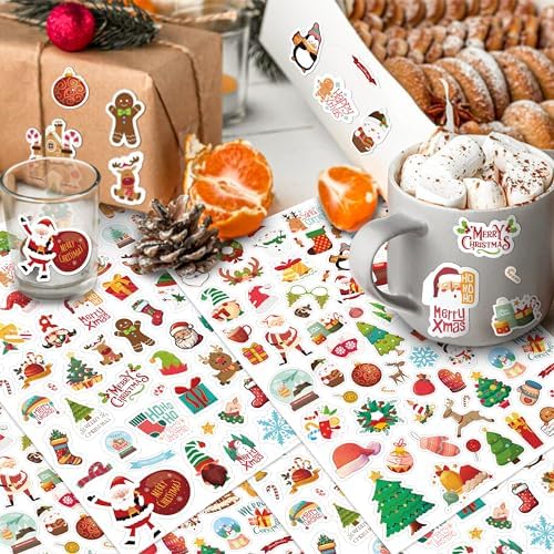 LINAYE 24 Sheets Christmas Stickers for Kids, 1570 PCS Adhesive Christmas Stickers Bulk Cute Goodie Bags Basket Stuffers Party Favors for Kids