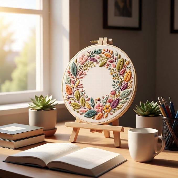 JJFox Embroidery Kit for Beginners and Adults, DIY Hand Embroidery Starter Kit with Cute Pattern, Cross Stitch Needlepoint Set with Hoop, Threads and Instructions (Wreath)