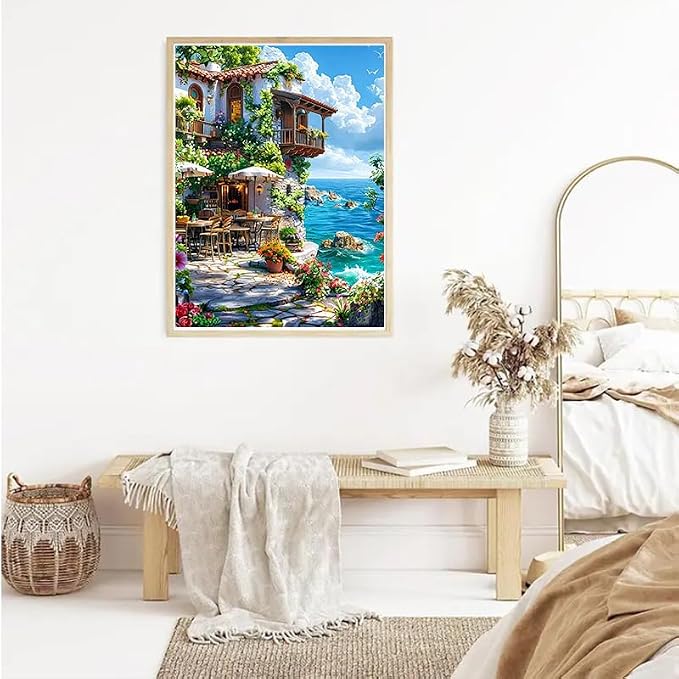 YUXUANKANG Diamond Painting Kit, Coastal Cliffside Cafe Scene, Colorful Floral Ocean View, DIY Art Craft 12X16inch
