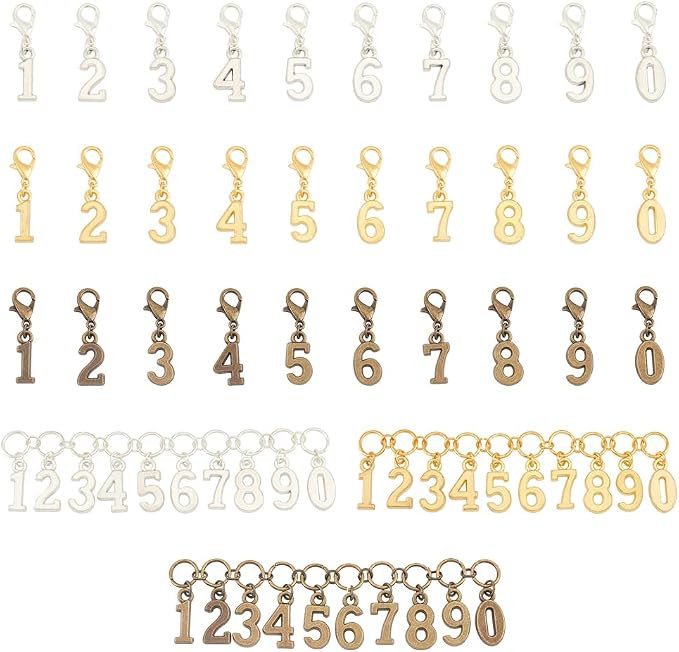 BENECREAT 33Pcs 3 Colors Number Stitch Marker Charms, Number 0-9 Charm Knitting Row Counter Alloy Chain with Clasp Stitch Markers for Knitting Weaving Sewing Accessories
