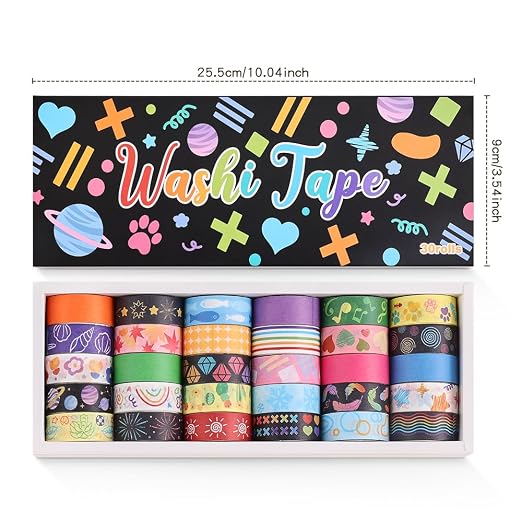 icceemee 30 Rolls Colorful Theme Washi Tape Set with Different Colorful Patterns, Writable Decorative Tapes for Scrapbooking, Junk Journal Supplies, Bullet Journaling, 0.6'' x 79'' per Roll