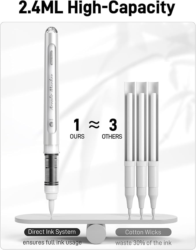 JusArt 3 White Acrylic Paint Markers Brush Tip, Automatic Ink Control