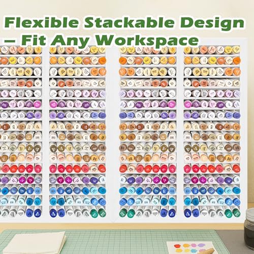 PROLEE Marker Organizer for 224 Markers, Wooden Alcohol Marker Holder with 32 Compartments, Horizontal Art Pen and Pencil Storage Rack for Desk, Classroom and Studio, White