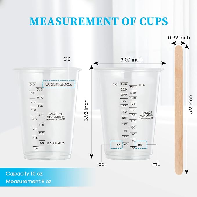 200 PACK 10 oz Plastic Measuring Cups, with 200 Wooden Mixing Sticks