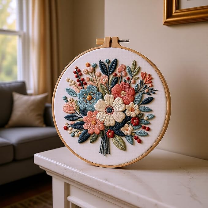 Embroidery Kit for Beginners & Adults Starter Kit, Cross Stitch Kits,DIY Hand Embroidery Needlepoint Set with Hoop, Pre-Printed Fabric, Threads and Instructions (Flower-4)