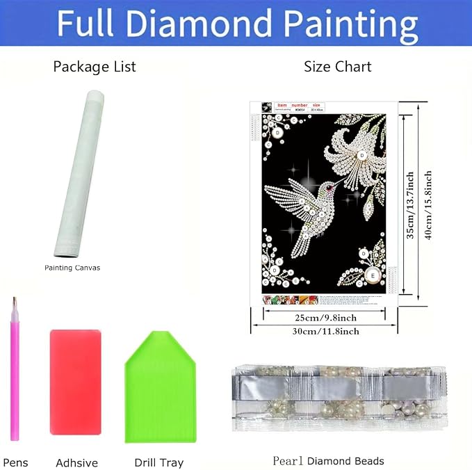 Morudeor Hummingbird Diamond Art Pearl Painting Kits for Adults,Special Shape Diamond Art Kits for Birds Flowers, DIY 3D Plastic Pearl Painting Kit for Home Decoration 12 × 16 inch