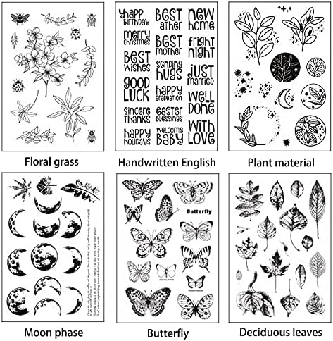 6 Sheets Clear Stamp Silicone Stamp Cards with Greeting Words, Flowers, Leaves, Butterflies, and Moons Pattern for Thanksgiving Christmas Holiday Card Making and DIY Scrapbooking Journaling
