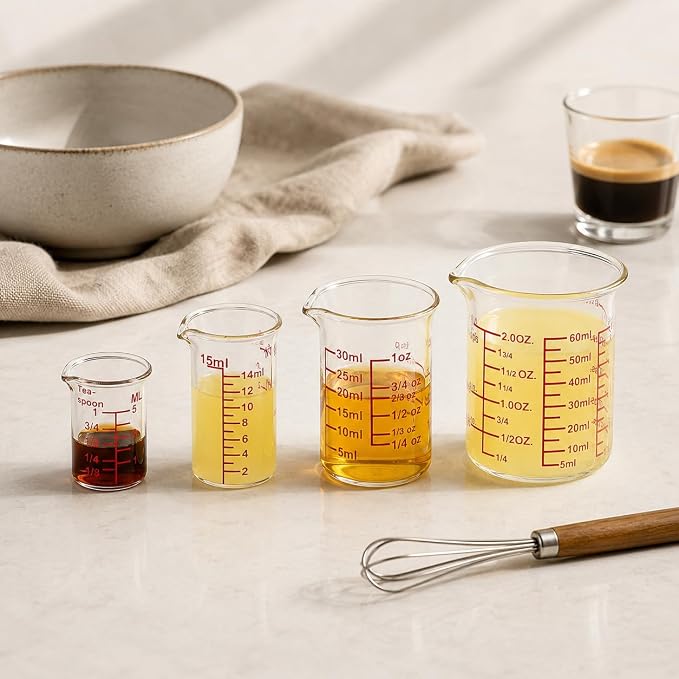 Ackers BORO3.3 Mini Borosilicate Glass Measuring Cup Set, 4-Piece, 5-60 ml