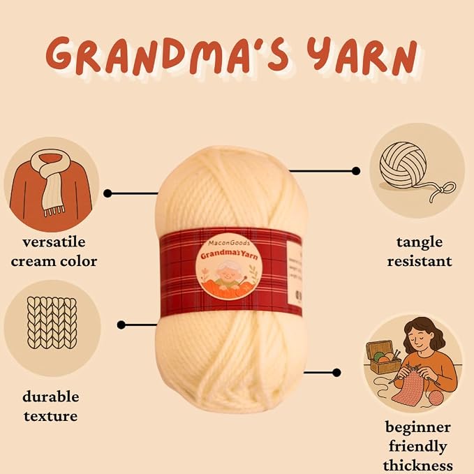 MaconGoods Grandma's Knitting Kit - Complete Knitting Kit for Beginners - Includes Beginner Yarn, Bamboo Needles, Video Tutorial, and Written Guide & More - Easy Learn to Knit Kit