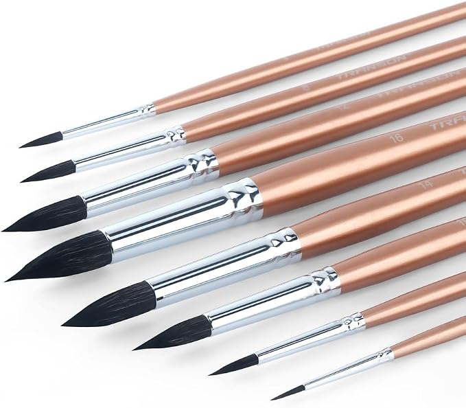 Transon 8pcs Round Watercolor Paint Brush Set Goat Hair for Watercolors,Acrylics,Inks,Gouache,Oil and Tempera