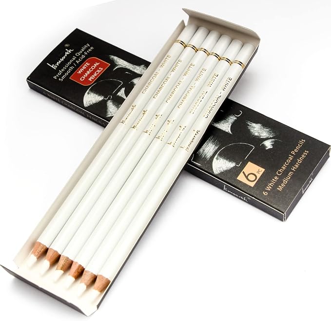 Brusarth White Charcoal Pencils Drawing Set, Professional 6-Piece Sketch, Highlight, Shading, Blending Set for Beginners & Artists