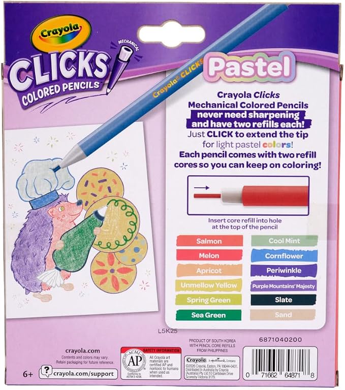 Crayola Clicks 2.0mm Mechanical Colored Pencil Set, 12 Pastel Colors, Cute School Supplies for Teachers, 24 Replacement Cores, Ages 6+