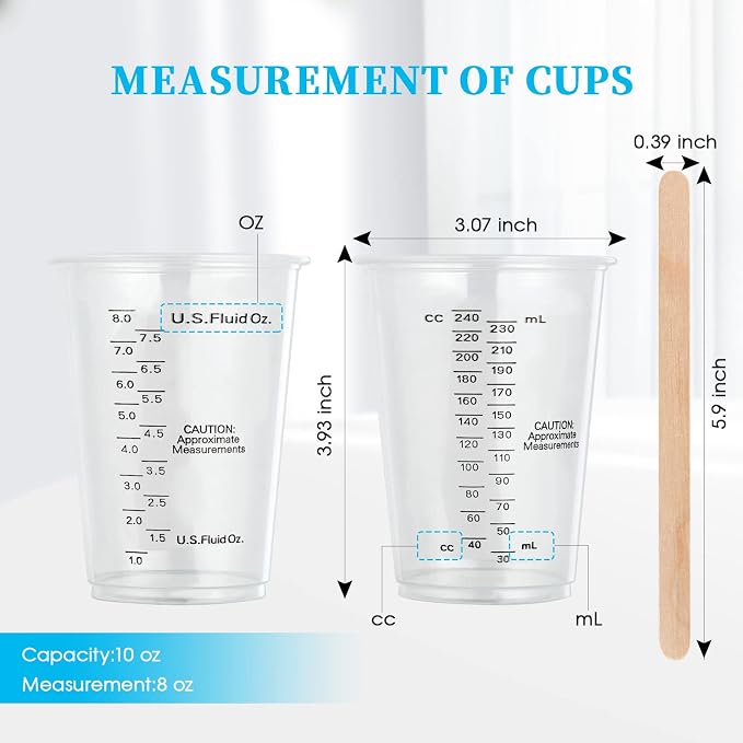 100 PACK 10 oz Plastic Measuring Cups, with 100 Wooden Mixing Sticks