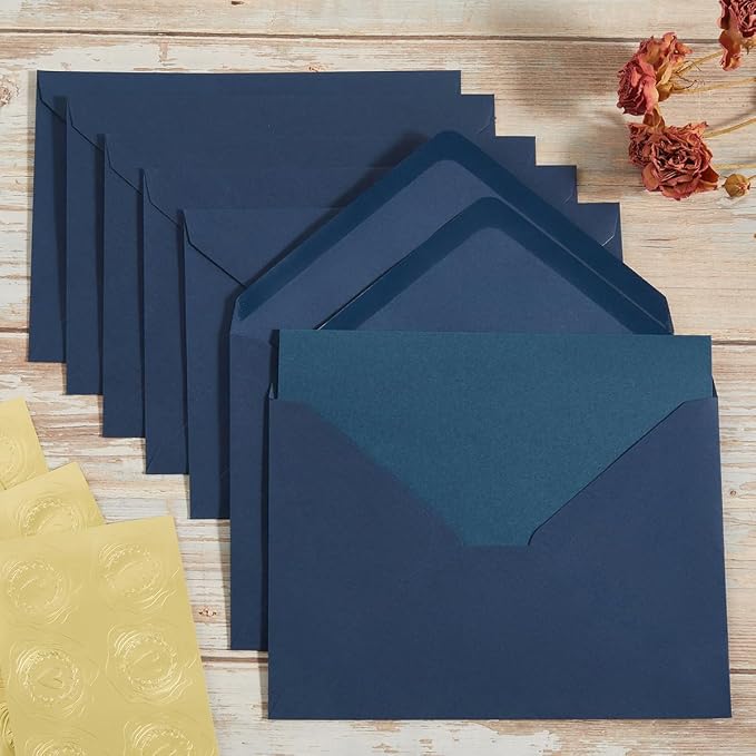 50 Pack Navy Blue A7 Envelopes with Cards and Gold Stickers, 5x7