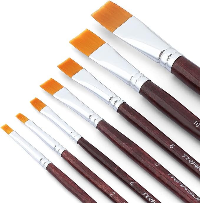 Transon Flat Paint Brush Set 7pcs for Acrylic Watercolor Gouache Oil and Body Painting