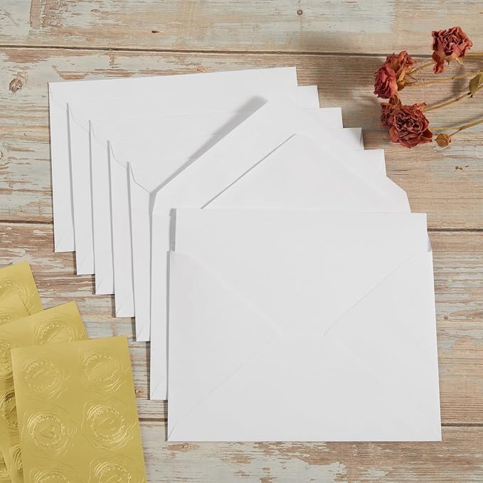 50 Pack White A6 Envelopes with Cards and Gold Stickers, 4x6