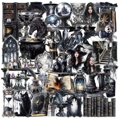 50pcs Transparent Vintage Witchy Stickers for Kids,Dark Witchy Magic Sticker Waterproof PET Stickers for Scrapbook Journaling Photo Album Collage Card Gothic Aesthetics Sticker for Teens and Adults