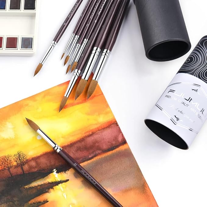 Sable Watercolor Brushes 9pcs Professional Superior Kolinsky Watercolor Paint Brushes for Artists Round Pointed Oval Wash for Watercolor Acrylics Gouache Inks Painting